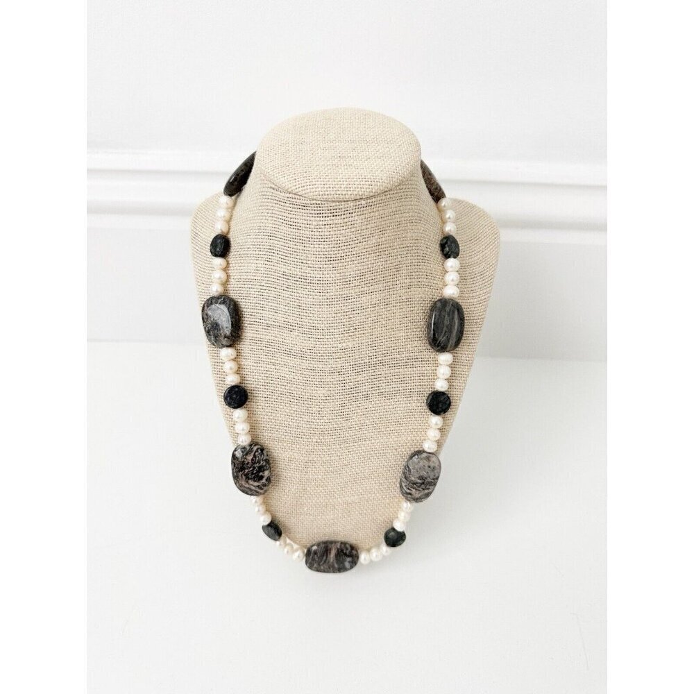 NWT Genuine Jasper & Pearls Necklace Beaded Black Gray White